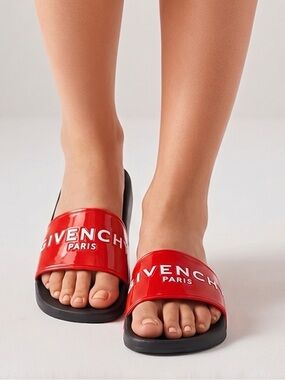 Givenchy red women’s glossy logo rubber pool slide sandals